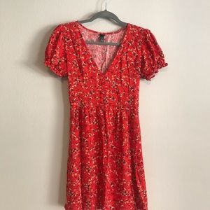 🔥FINAL💰🔥Red Floral Dress with Puffed Sleeves